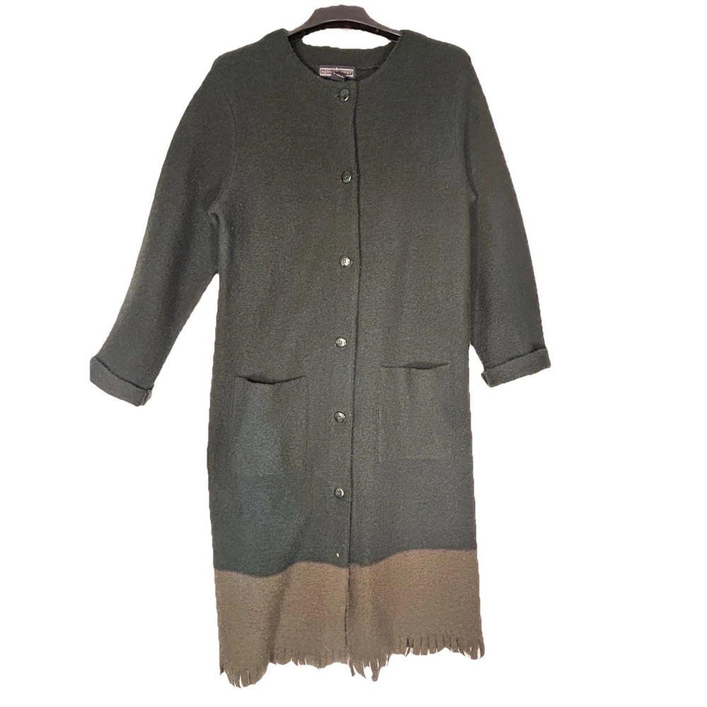Vintage Herman Geist 100% Wool Two Tone Green Long Duster Fringe Coat Medium